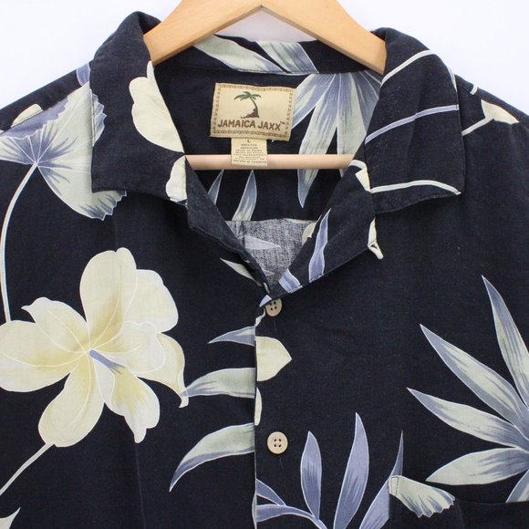 Jamaica Jaxx Hawaiian Silk Shirt Mens Black Button Down Floral Short Sleeve Sz L - Picture 5 of 9